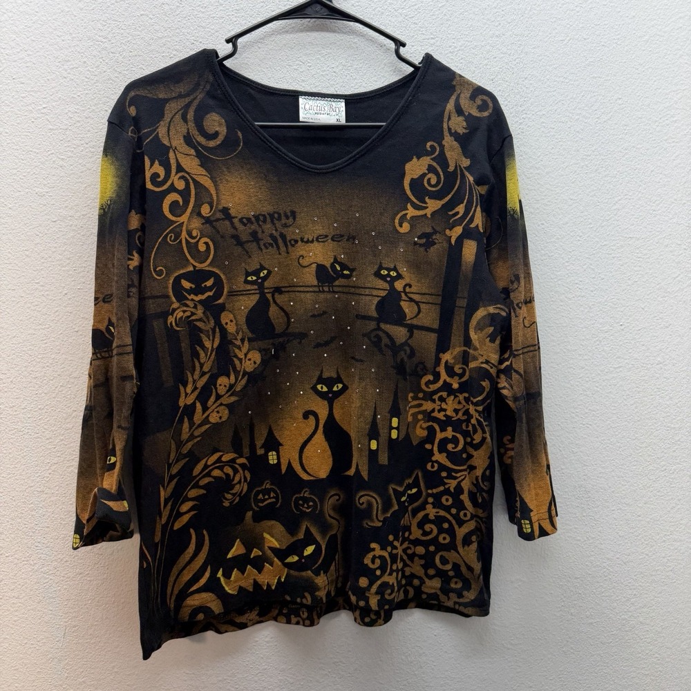 Vintage Cactus Bay Halloween Embellished Black Cats Top Pumpkins Womens XL 90s